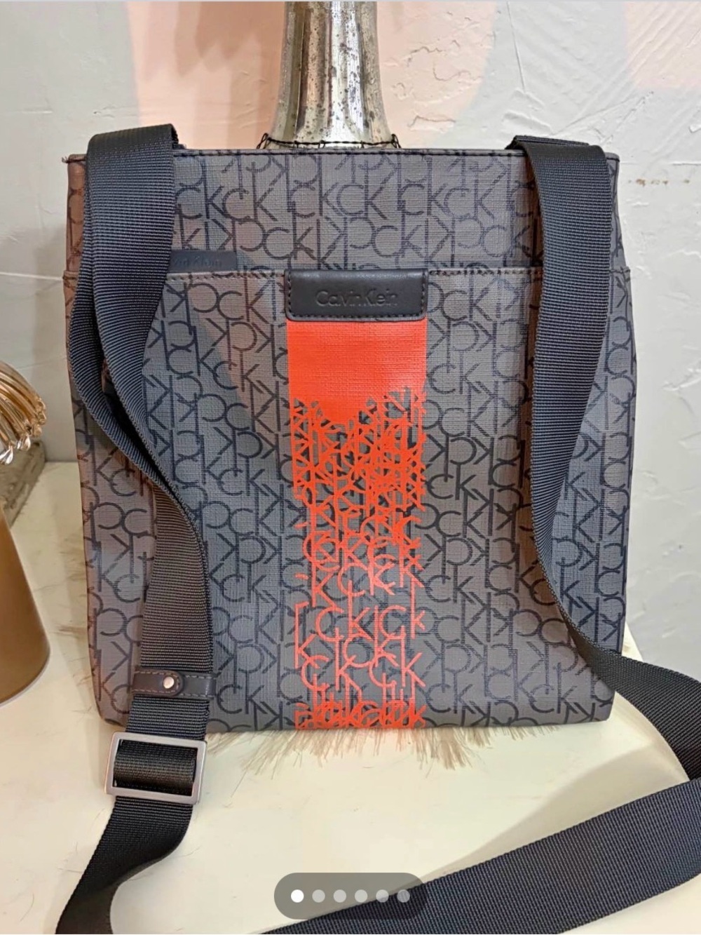 Calvin Klein Gray Crossbody Bag with Orange Monogram Stripe